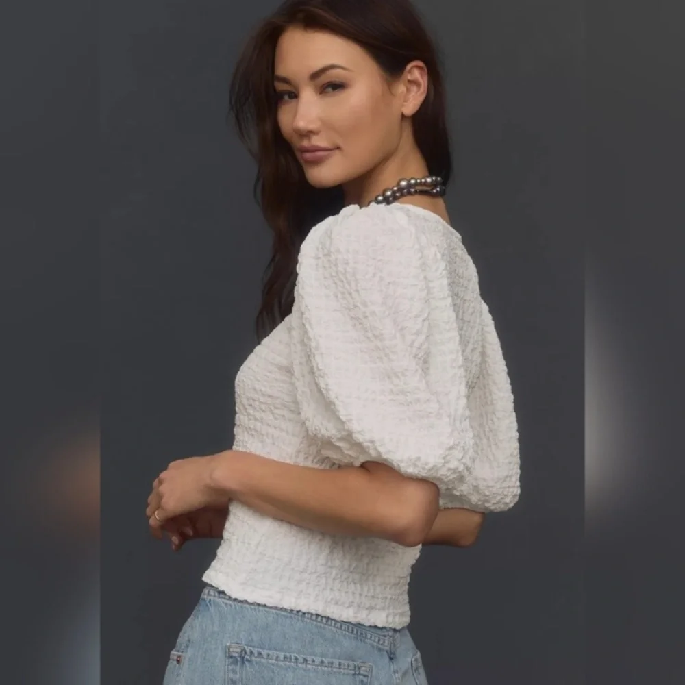 MAUVE x Anthropologie White Balloon-Sleeve Textured Top Cottagecore Resort